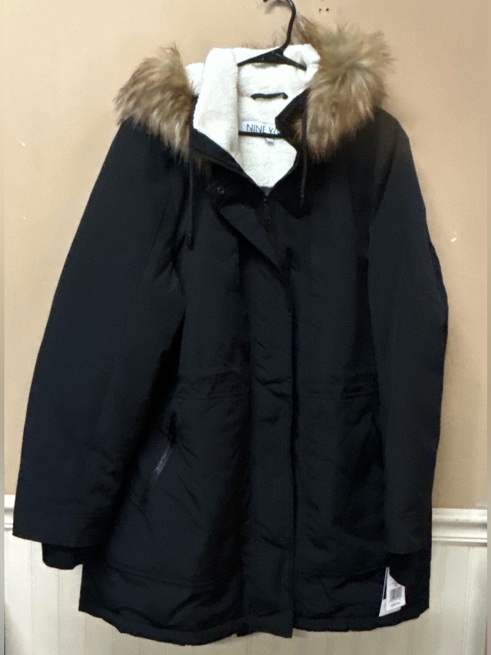 Nine West Faux Fur Trim Hooded Parka Coat Jacket Black Size XXL NWT